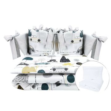 Lenjerie patut cu 6 piese, MimiNu, Pentru patut 120x60 cm, Cu pilota si perna, Cu doua aparatori laterale, Din bumbac certificat Oeko Tex Standard 100, Childrens Journey Grey Lenjerie patut cu 6 piese, MimiNu, Pentru patut 120x60 cm, Cu pilota si perna, Cu doua aparatori laterale, Din bumbac certificat Oeko Tex Standard 100, Childrens Journey Grey
