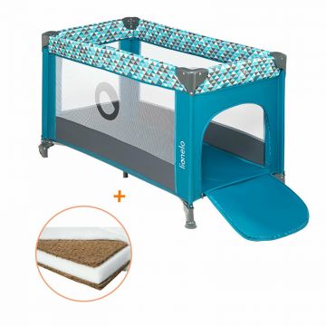 Lionelo - Patut pliant cu un nivel Stefi, 120x60 cm, Cu intrare laterala cu fermoar, EN716, Turquoise + Babyneeds - Saltea cocos 120x60x12 cm