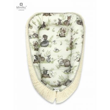 Cosulet bebelus, MimiNu, Pentru dormit, Baby Cocoon 75x55 cm, Cu doua fete, Din tesatura imitatie de lana si bumbac, Materiale certificate Oeko Tex Standard 100, Ecru Calm Forest Natural