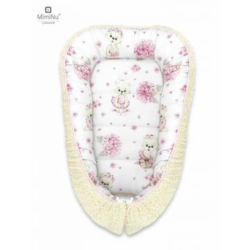 MimiNu - Cosulet bebelus pentru dormit, Baby Cocoon 75x55 cm, Cu doua fete, Din tesatura imitatie de lana si bumbac, Materiale certificate Oeko Tex Standard 100, Ecru Pink Ballerina