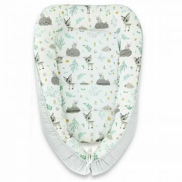 MimiNu - Cosulet bebelus pentru dormit, Baby Cocoon 75x55 cm, Husa 100% bumbac, Din bumbac certificat Oeko Tex Standard 100, Forest friends Grey/Mint