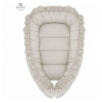 MimiNu - Cosulet bebelus pentru dormit, Baby Nest 55 x 75 cm, Cu Volanase, Husa 100% bumbac, Din bumbac certificat Oeko Tex Standard 100, Colectia Royal, Beige