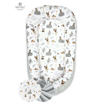 MimiNu - Cosulet bebelus pentru dormit cu doua fete, Baby Nest 105x66 cm, Husa 100% bumbac, Din bumbac certificat Oeko Tex Standard 100, Cu salteluta din burete, Detasabila, Forest Friends Grey/Beige
