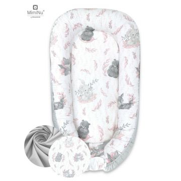 MimiNu - Cosulet bebelus pentru dormit cu doua fete, Baby Nest 105x66 cm, Husa 100% bumbac, Din bumbac certificat Oeko Tex Standard 100, Cu salteluta din burete, Detasabila, Lulu Rose/Grey