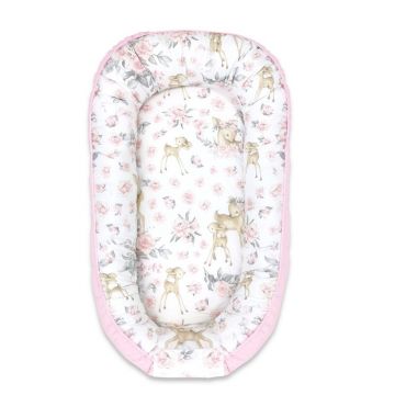 MimiNu - Cosulet bebelus pentru dormit cu doua fete, Baby Nest 105x66 cm, Husa 100% bumbac si catifea moale, Materiale certificate Oeko Tex Standard 100, Cu salteluta din burete, Detasabila, Velvet Sweet Deer Pink