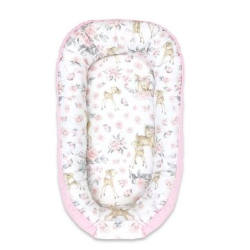 Cosulet bebelus, MimiNu, Pentru dormit, Cu doua fete, Baby Nest 105x66 cm, Husa 100% bumbac si catifea moale, Materiale certificate Oeko Tex Standard 100, Cu salteluta, Detasabila, Velvet Sweet Deer Pink