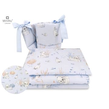 MimiNu - Lenjerie patut 3 piese, Cu protectie laterala, Din bumbac certificat Oeko Tex Standard 100, Pentru patut 120x60 cm, Design, Seal Blue