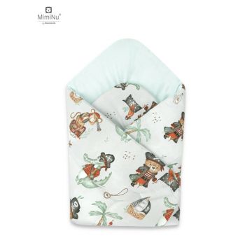 MimiNu - Paturica de infasat cu doua fete, Cu multiple utilizari, Cu inchidere arici velcro, Dimensiune 75x75 cm, Din bumbac certificat Oeko Tex Standard 100, Design, Pirates Natural