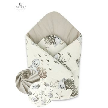 MimiNu - Paturica de infasat cu doua fete, Cu multiple utilizari, Cu inchidere arici velcro, Dimensiune 75x75 cm, Din bumbac certificat Oeko Tex Standard 100, Design, Seal Beige