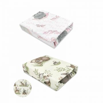 MimiNu - Set 2 cearceafuri cu elastic, Din bumbac certificat Oeko Tex Standard 100, Pentru patut 120x60 cm, Design Calm Forest Natural + Lulu Rose