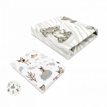 MimiNu - Set 2 cearceafuri cu elastic, Din bumbac certificat Oeko Tex Standard 100, Pentru patut 120x60 cm, Safari Beige + Forest friends Beige