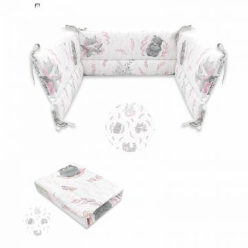 MimiNu - Set cearceaf cu elastic pentru patut 120x60 cm + aparatoare patut cu panglici, Din bumbac certificat Oeko Tex Standard 100, Cu inaltimea de 30 cm, Lulu Rose