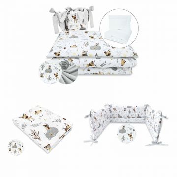 MimiNu - Set lenjerie 5 piese cu pilota si perna + aparatoare patut + cearceaf patut 120x60 cm, Din bumbac certificat Oeko Tex Standard 100, Forest friends Beige