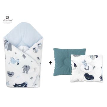 MimiNu - Set paturica de infasat cu doua fete, Dimensiune 75x75 cm + Perna bebelusi profilata, Cu doua fete, Cu functie anti-soc, Dimensiune 23x26 cm, Materiale certificate Oeko Tex Standard 100, Baby Shower Blue