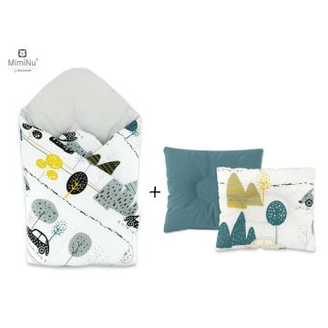 MimiNu - Set paturica de infasat cu doua fete, Dimensiune 75x75 cm + Perna bebelusi profilata, Cu doua fete, Cu functie anti-soc, Dimensiune 23x26 cm, Materiale certificate Oeko Tex Standard 100, Childrens Journey Grey