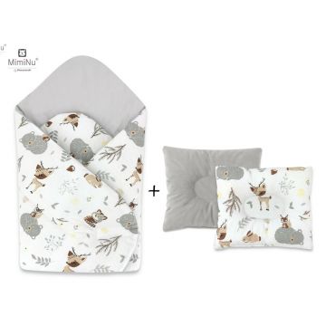 MimiNu - Set paturica de infasat cu doua fete, Dimensiune 75x75 cm + Perna bebelusi profilata, Cu doua fete, Cu functie anti-soc, Dimensiune 23x26 cm, Materiale certificate Oeko Tex Standard 100, Forest Friends Beige