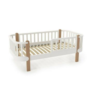 Patut din lemn junior, 160x80 cm, Cu bariera de protectie, Din lemn de fag, Alb, YappyKids, YappyEtude Patut din lemn junior, 160x80 cm, Cu bariera de protectie, Din lemn de fag, Alb, YappyKids, YappyEtude
