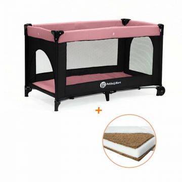 Petite&Mars - Patut pliant cu doua nivele, 120x60 cm, Cu intrare laterala cu fermoar, 2 roti, Rose Pink + Babyneeds - Saltea cocos 120x60x12 cm