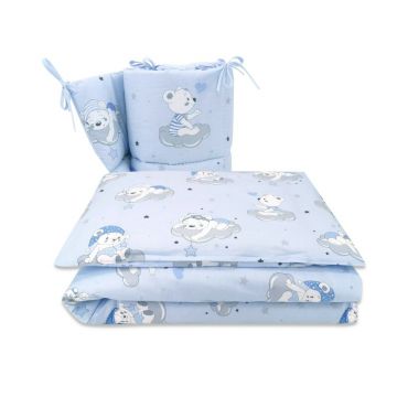 Qmini - Lenjerie patut 3 piese, Cu protectie laterala, Teddy Bears On Clouds Blue, Din bumbac, Pentru patut 140x70 cm