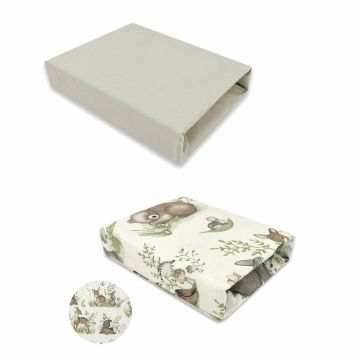 Set 2 cearceafuri cu elastic, MimiNu, Pentru patut 120x60 cm, Din bumbac certificat Oeko Tex Standard 100, Design Calm Forest Natural + Colectia Royal Beige