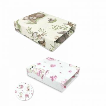 Set 2 cearceafuri cu elastic, MimiNu, Pentru patut 120x60 cm, Din bumbac certificat Oeko Tex Standard 100, Design Calm Forest Natural + Design Pink Ballerina