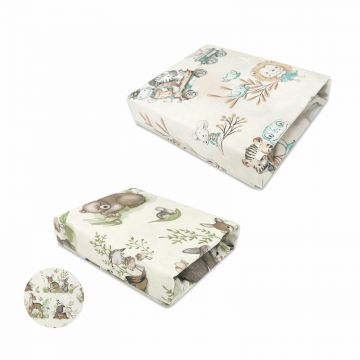 Set 2 cearceafuri cu elastic, MimiNu, Pentru patut 120x60 cm, Din bumbac certificat Oeko Tex Standard 100, Design Calm Forest Natural + Design Zoo on bikes Nugat