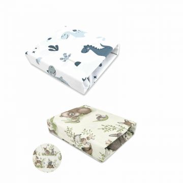 Set 2 cearceafuri cu elastic, MimiNu, Pentru patut 120x60 cm, Din bumbac certificat Oeko Tex Standard 100, Design Calm Forest Natural + Dino Granat