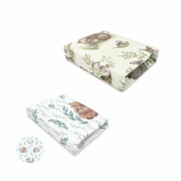 Set 2 cearceafuri cu elastic, MimiNu, Pentru patut 120x60 cm, Din bumbac certificat Oeko Tex Standard 100, Design Calm Forest Natural + Lulu Natural