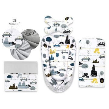 Set 4 in 1 Cosulet bebelus, MimiNu, Baby Cocoon 75x55 cm, Husa bumbac, Din bumbac certificat Oeko Tex Standard 100, Cu paturica 50x70 cm, Cu salteluta, Cu perna fluture, Childrens Journey Grey