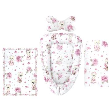 Set 4 in 1 Cosulet bebelus, MimiNu, Baby Cocoon 75x55 cm, Husa bumbac, Din bumbac certificat Oeko Tex Standard 100, Cu paturica 50x70 cm, Cu salteluta, Cu perna fluture, Design, Pink Ballerina