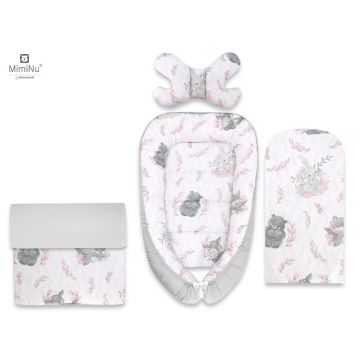 Set 4 in 1 Cosulet bebelus, MimiNu, Baby Cocoon 75x55 cm, Husa bumbac, Din bumbac certificat Oeko Tex Standard 100, Cu paturica 50x70 cm, Cu salteluta, Cu perna fluture, Lulu Rose