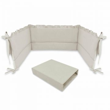 Set cearceaf cu elastic, MimiNu, Pentru patut 120x60 cm + Aparatoare pentru patut cu panglici, Din bumbac certificat Oeko Tex Standard 100, 180x30 cm, Colectia Royal Beige