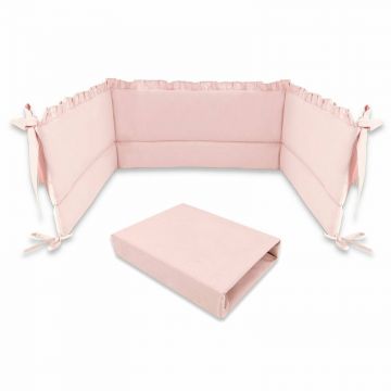 Set cearceaf cu elastic, MimiNu, Pentru patut 120x60 cm + Aparatoare pentru patut cu panglici, Din bumbac certificat Oeko Tex Standard 100, 180x30 cm, Colectia Royal Powder Pink