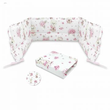 Set cearceaf cu elastic, MimiNu, Pentru patut 120x60 cm + Aparatoare pentru patut cu panglici, Din bumbac certificat Oeko Tex Standard 100, 180x30 cm, Design Pink Ballerina