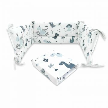 Set cearceaf cu elastic, MimiNu, Pentru patut 120x60 cm + Aparatoare pentru patut cu panglici, Din bumbac certificat Oeko Tex Standard 100, 180x30 cm, Dino Granat
