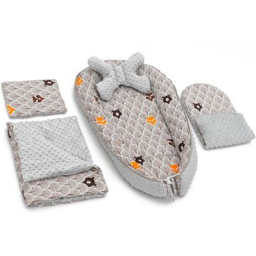 Tutumi - Set 5 in 1 Babynest Minky, 2 perne, 1 paturica si o saltea cu doua fete, Gri Forest