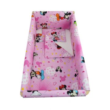 Lenjerie 7 piese, Prichindel, Minnie si Mickey, roz cu stelute, 140x70cm