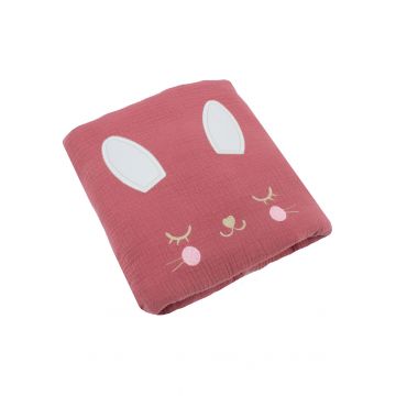 Paturica muselina, Bunny, cu ciucuri, roz, 160x140 cm
