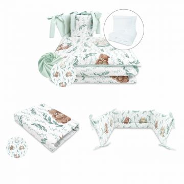 Set lenjerie, MimiNu, Cu 5 piese, Cu pilota si perna + Aparatoare pentru patut + cearceaf patut 120x60 cm, Din bumbac certificat Oeko Tex Standard 100, Lulu Natural