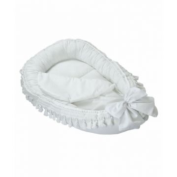 Babynest pentru copii, 86 x 50 cm, Koell, Boho, Alb, cu Ciucuri Lungi, cu Saltea suplimentara