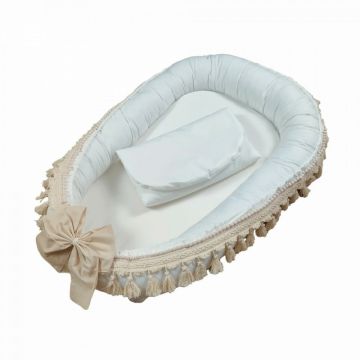 Babynest pentru copii, 86 x 50 cm, Koell, Boho Cream, cu Ciucuri Lungi, cu Saltea suplimentara