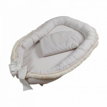 Babynest pentru copii, 86 x 50 cm, Koell, Boho, Delicate Beige, cu Ciucuri Scurti, cu Saltea suplimentara