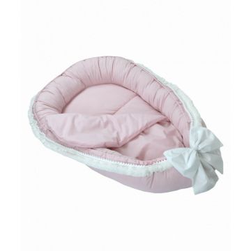 Babynest pentru copii, 86 x 50 cm, Koell, Boho, Roz, cu Ciucuri Scurti, cu Saltea suplimentara