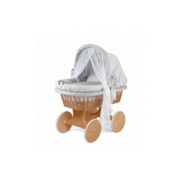 Cosulet din rachita, pentru bebe, cu saltea, patura 80 x 80 cm, baldachin, perna, Waldin, Natural, 8s1