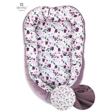 MimiNu - Cosulet bebelus pentru dormit cu doua fete, Baby Cocoon 75x55 cm, Husa 100% bumbac si catifea moale, Materiale certificate Oeko Tex Standard 100, Velvet Flower Garden