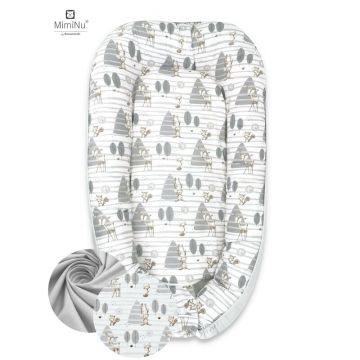 MimiNu - Cosulet bebelus pentru dormit cu doua fete, Baby Nest 105x66 cm, Husa 100% bumbac, Din bumbac certificat Oeko Tex Standard 100, Cu salteluta din burete, Detasabila, Forest/Grey