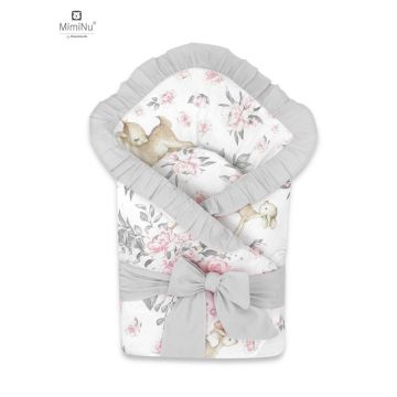 MimiNu - Paturica de infasat multifunctionala, Cu volanase, Cu inchidere cu panglica si arici velcro, Dimensiune 75x75 cm, Din bumbac certificat Oeko Tex Standard 100, Sweet Deer Pink/Grey