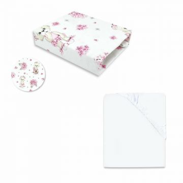 MimiNu - Set 2 cearceafuri cu elastic, Din bumbac certificat Oeko Tex Standard 100, Pentru patut 120x60 cm, White + Design Pink Ballerina
