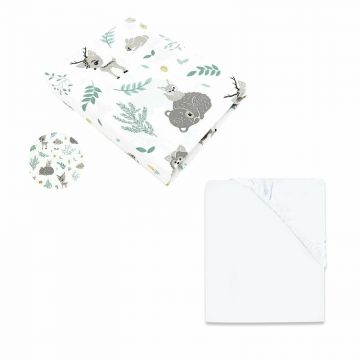 Set 2 cearceafuri cu elastic, MimiNu, Pentru patut 120x60 cm, Din bumbac certificat Oeko Tex Standard 100, White + Forest friends Mint