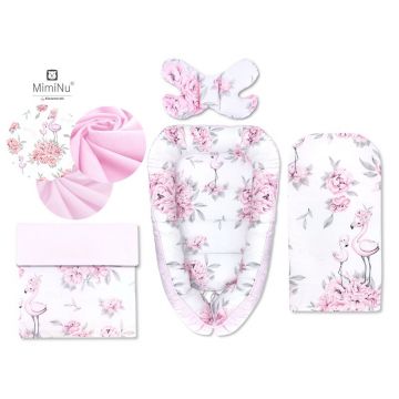 MimiNu - Set 4 in 1 Cosulet bebelus Baby Cocoon 75x55 cm, Husa 100% bumbac, Din bumbac certificat Oeko Tex Standard 100, Cu paturica cu doua fete 50x70 cm, Cu salteluta 60x32 cm, Cu perna fluture cu doua fete 40x27 cm, Peonie Pink